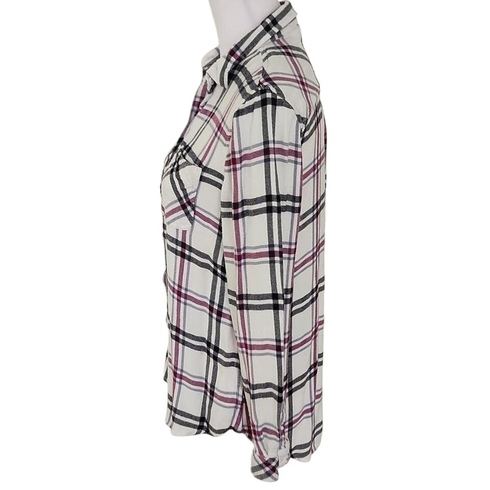 Beach lunch lounge Women's Purple & Black Wht plaid rayon "Flannel" blouse. M - Picture 5 of 9